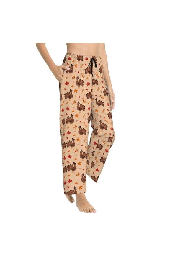 Turkey And Autumn Leaves Womens Soft Woven Cotton Elastic Waistband Sleep Pajama Pant Lounge Sleep Pant With Pockets And Drawstring-Large