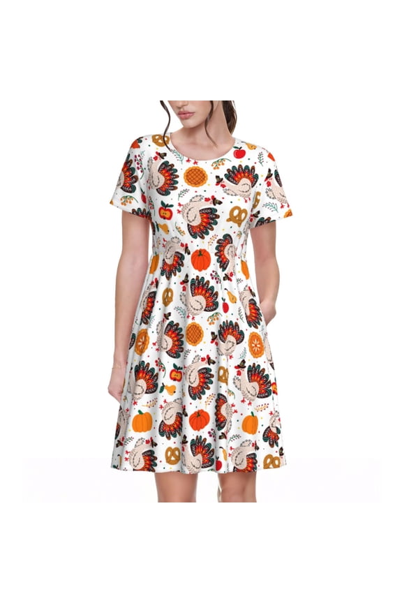 Turkey And Thanksgiving2 Pattern Women's Short Sleeve Summer Dress Pleated Loose Swing Knee Length Short Sleeve Swing Dresses