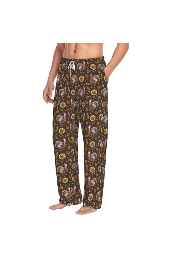 Turkey Sunflower Harvest Mens Soft Woven Cotton Elastic Waistband Sleep Pajama Pant Lounge Sleep Pant With Pockets And Drawstring-Small