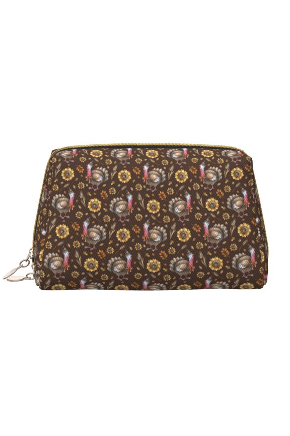 Turkey Sunflower Harvest Print Leather Makeup Bag Make Up Bag Travel Toiletry Bag for Her Girlfriend Teacher Teen Girl Gifts