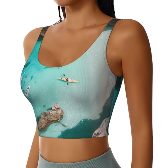 Picia Turquoise Beach Kayaking Sports Bra for Women,Padded Strappy Sports Bras Medium Support Yoga Bra with Removable Cups,Running Yoga Bra-Medium