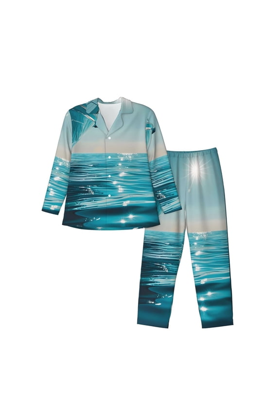 Turquoise Ocean Reflection Pattern Men’s Long-Sleeve Sleepwear Set - Soft 2-Piece Loungewear with Pockets, Comfy PJs for Relaxing Nights-Large