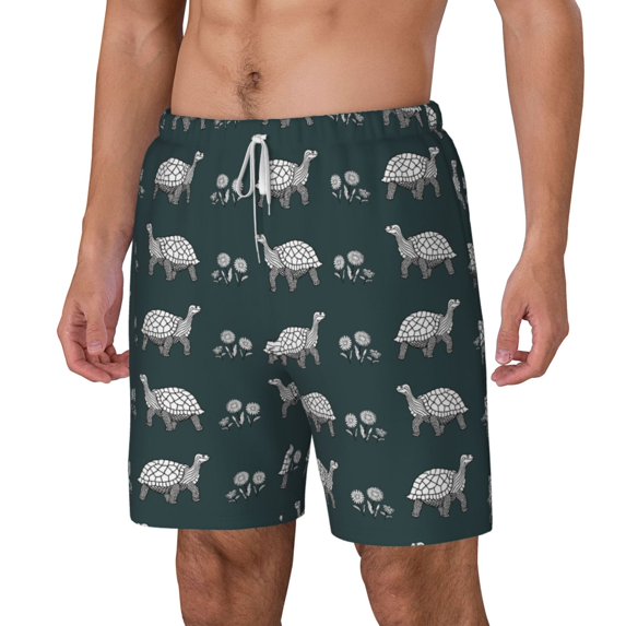 Picia Turtle Chrysanthemum pattern Mens Swim Trunks with Compression Liner Stretch Beach Shorts Quick Dry with Zipper Pockets No-Chafing Board Shorts-XX-Large