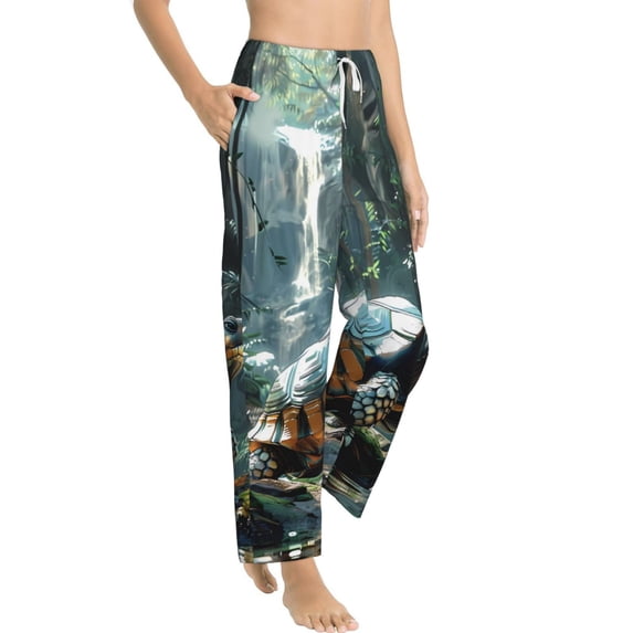 Picia Turtle In Jungle Waterfall Womens Soft Woven Cotton Elastic Waistband Sleep Pajama Pant Lounge Sleep Pant With Pockets And Drawstring-Large