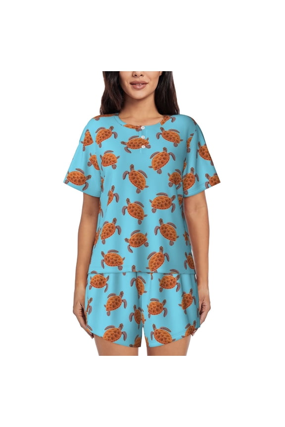 Turtle Pajamas Sets for Women Soft Short-Sleeved Pjs with Lounge Shorts Two Piece Sleepwear-Medium
