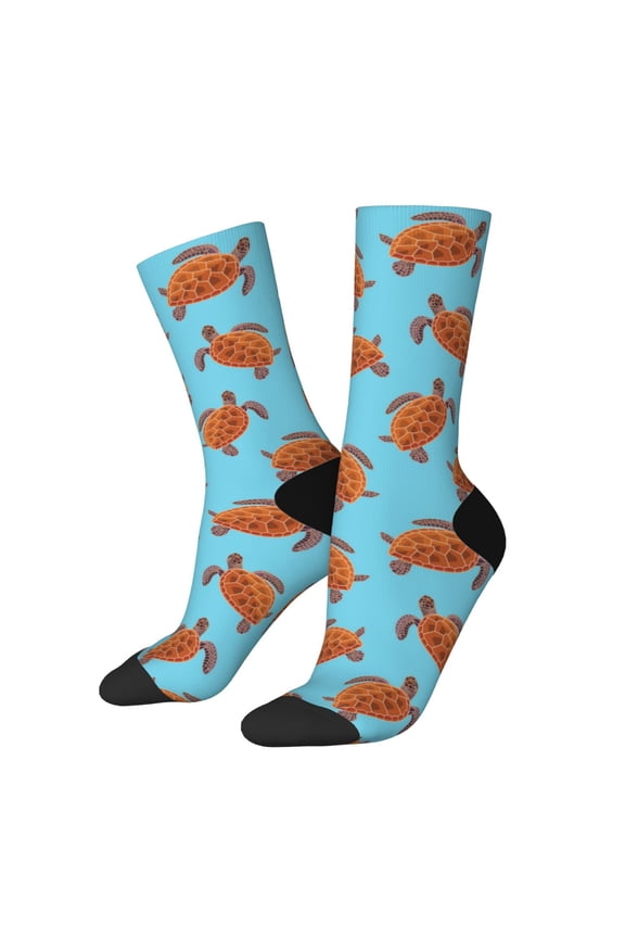 Turtle Print Athletic Socks for Men & Women – Cushioned Moisture-Wicking Crew Socks for Sports, Running, and Training, Soft & Breathable Size 5-11