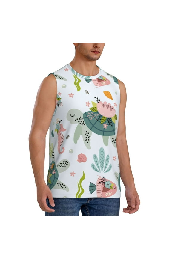 Turtle and Sea Life mens Cotton Tank Undershirts , Moisture-wicking Ribbed Tanks, Lightweight Cotton Tank Undershirts-Small