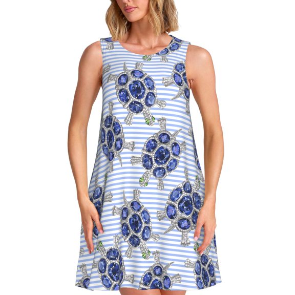 Picia Turtle with Blue Stones Print Women’s Sleeveless Midi Swing Dress – A-Line Pleated Tank Sundress, Comfortable and Flowy T-Shirt Dress