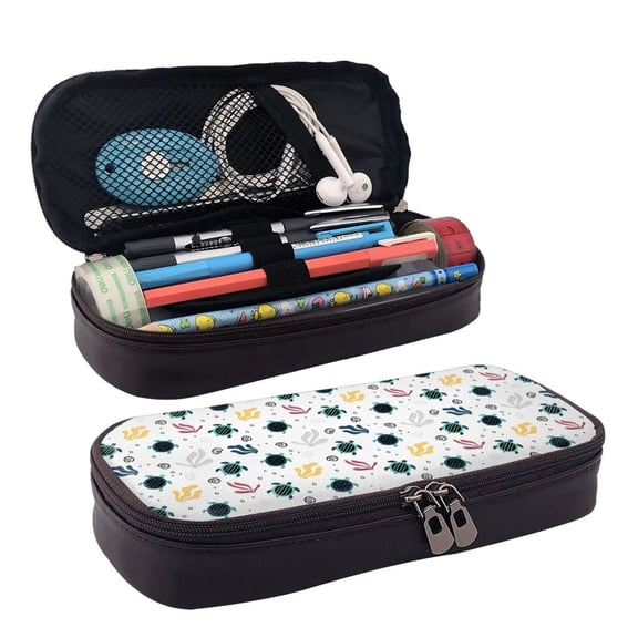 Picia Turtles And Corals Pattern Large Capacity PU Leather Pencil Case Organizer Pen Marker Holder Double Zipper Storage Bag Big Pencil Pouch for College Office