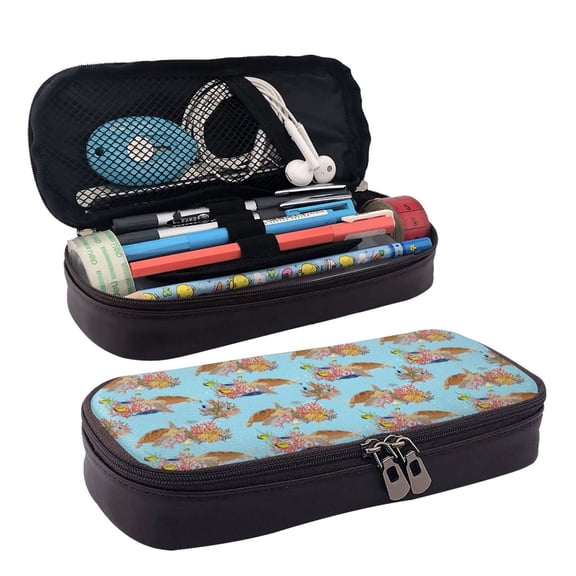 Picia Turtles And Corals Pattern Large Capacity PU Leather Pencil Case Organizer Pen Marker Holder Double Zipper Storage Bag Big Pencil Pouch for College Office