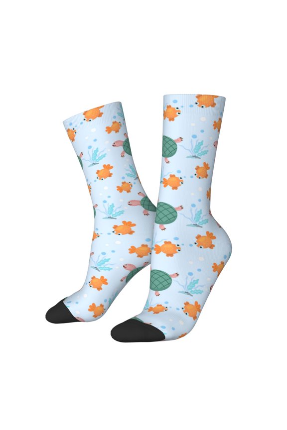 Turtles And Goldfish Print Athletic Socks for Men & Women – Cushioned Moisture-Wicking Crew Socks for Sports, Running, and Training, Soft & Breathable Size 5-11