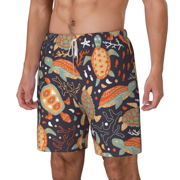 Picia Turtles and Sea Plants pattern Mens Swim Trunks with Compression Liner Stretch Beach Shorts Quick Dry with Zipper Pockets No-Chafing Board Shorts-Small