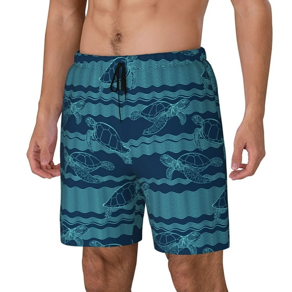 Picia Turtles and Waves pattern Mens Swim Trunks with Compression Liner Stretch Beach Shorts Quick Dry with Zipper Pockets No-Chafing Board Shorts-Medium