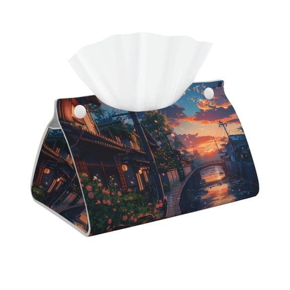 Picia Twilight Canal Reflection Pattern Long Tissue Box Cover,PVC Leather Triangle Holder,Tissue Box Holder with Magnetic Bottom,Facial Paper Organizer Dispenser-7.9"X4.9"X4.5"