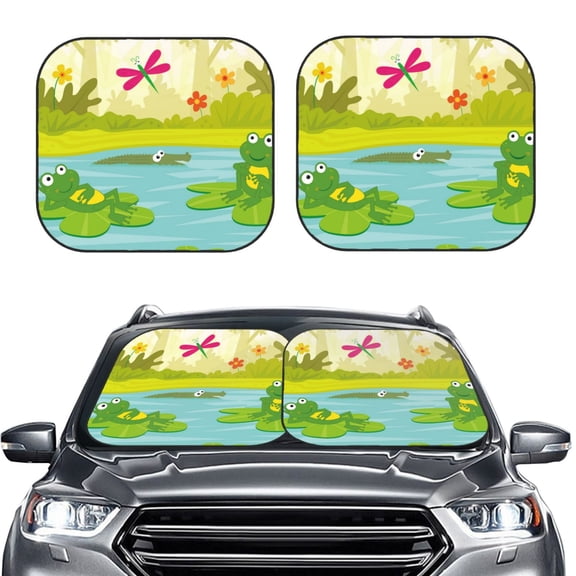 Picia Two Frogs Are Sitting On Water Lilies 2 Piece Car Windshield Sun Shade Foldable | Foldable Sun Shield for Front Window Blocks UV Rays and Keeps Your Vehicle Cool-Medium