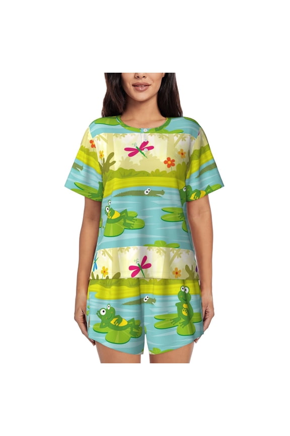 Two Frogs Are Sitting On Water Lilies Pajamas Sets for Women Soft Short-Sleeved Pjs with Lounge Shorts Two Piece Sleepwear-3X-Large