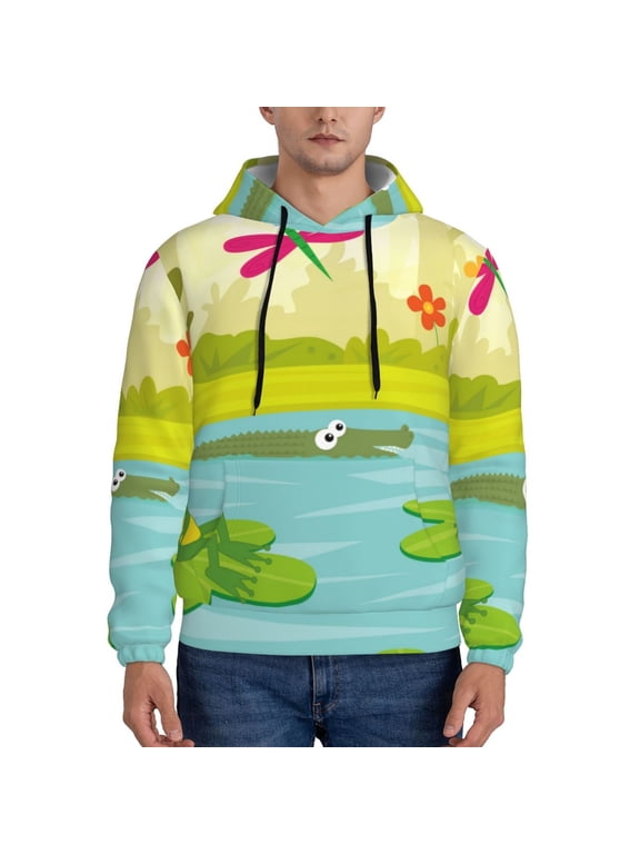 Two Frogs Are Sitting On Water Lilies Pattern Casual Men's Hoodie - Lightweight Hooded Sweatshirt with Kangaroo Pocket, Comfortable Pullover for Everyday, Travel-4X-Large
