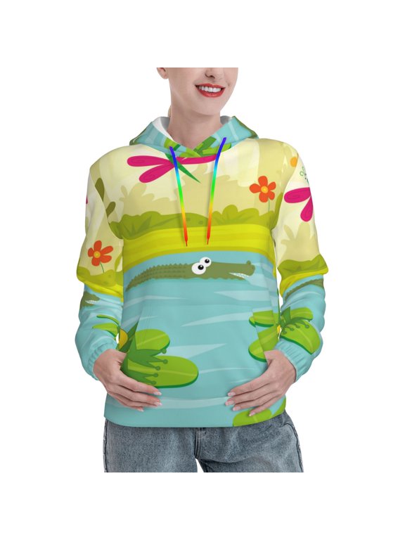 Two Frogs Are Sitting On Water Lilies Pattern Casual Women's Hoodie, Hooded Sweatshirt with Kangaroo Pocket, Comfortable Pullover with Eye-catching Drawstrings-Medium