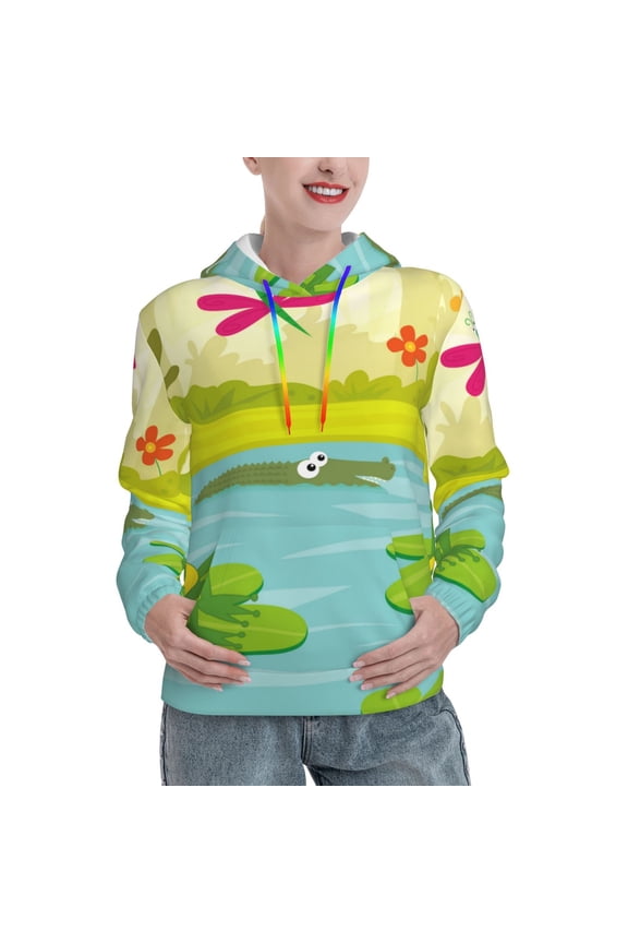 Two Frogs Are Sitting On Water Lilies Pattern Casual Women's Hoodie, Hooded Sweatshirt with Kangaroo Pocket, Comfortable Pullover with Eye-catching Drawstrings-Medium