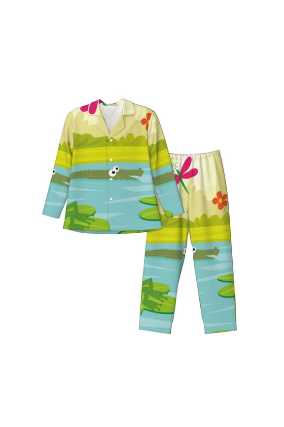 Two Frogs Are Sitting On Water Lilies Pattern Men’s Long-Sleeve Sleepwear Set - Soft 2-Piece Loungewear with Pockets, Comfy PJs for Relaxing Nights-XX-Large