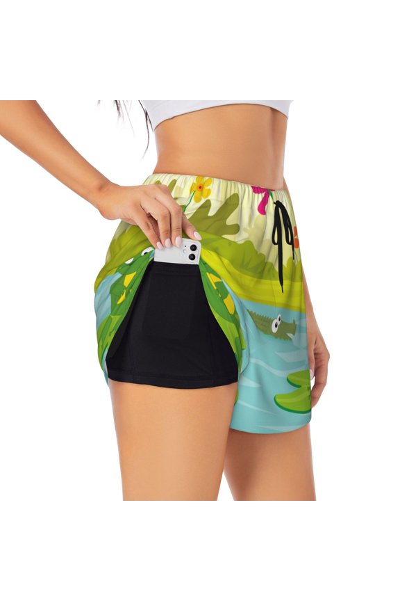 Two Frogs Are Sitting On Water Lilies Pattern Women's 2 in 1 Athletic Running Shorts High Waisted Workout Casual Gym Sweat Shorts with Comfy Liner Zipper Pockets-Medium