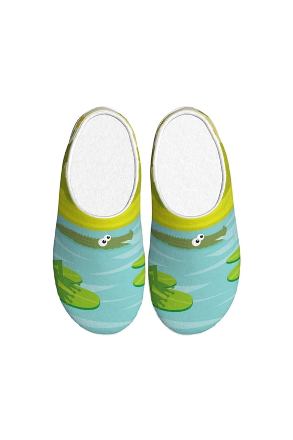 Two Frogs Are Sitting On Water Lilies for Women's Lamb-hug Comfy Fleece House Slippers Memory Foam, Slip-on House Shoes Indoor Outdoor-40/41