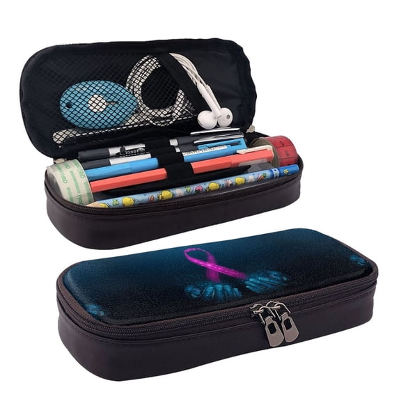 Picia Two Human Hands are Holds Pink Ribbon Awareness Pattern Large Capacity PU Leather Pencil Case Organizer Pen Marker Holder Double Zipper Storage Bag Big Pencil Pouch for College Office
