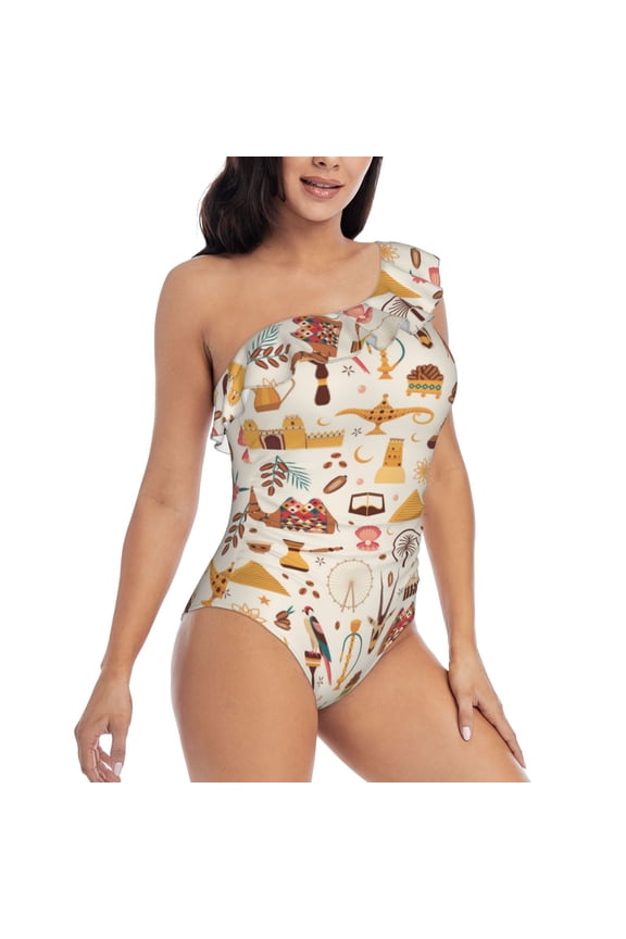UAE Travel1 Pattern Women's One Piece Swimsuits,One Shoulder Swimwear Asymmetric ,Ruffle Monokinis Bathing Suits,High Waisted Flattering Bathing Suits-Small