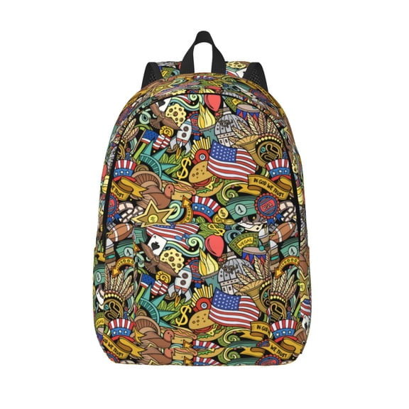 Picia USA 1 Printed Canvas Daypack - Stylish and Durable Vintage Compact Backpack - Class, Work, Travel, or Laptop Bookbag,Organized Compartments-Medium
