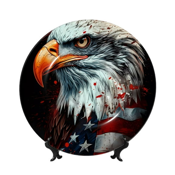Picia USA Bald Eagle Pattern Bone China Decorative Plate – Wall Decor with Stand and Adhesive, Elegant Ornament for Living Room, Office, or Entryway-6in