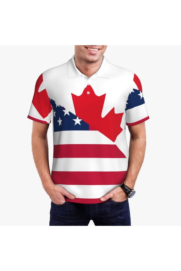 USA Canada Flag Print Men's Polo Shirt, Two-Button Closure Pique Polo Shirt, Summer Fashion Golf Shirt-3X-Large