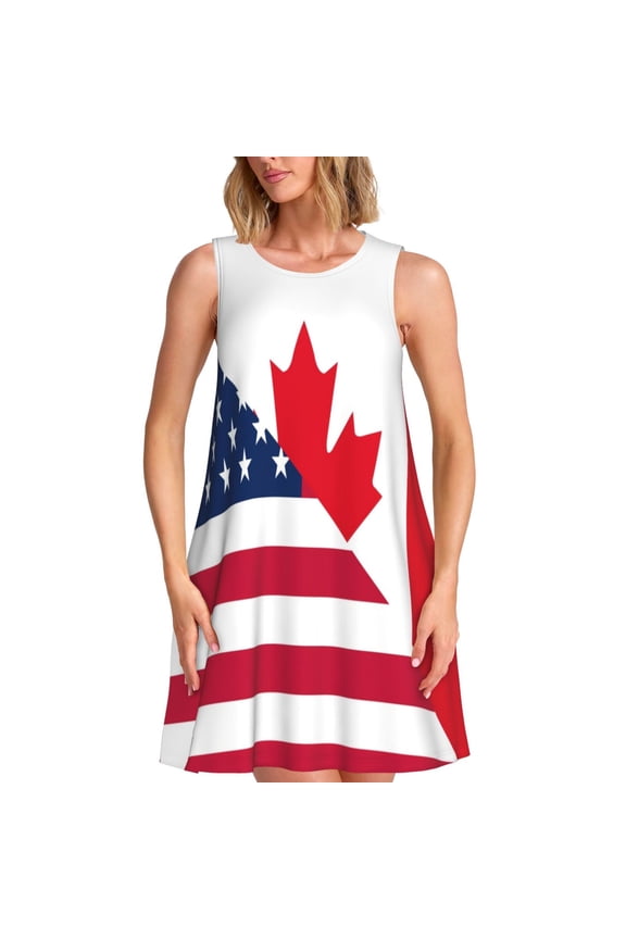 USA Canada Flag Print Women’s Sleeveless Midi Swing Dress – A-Line Pleated Tank Sundress, Comfortable and Flowy T-Shirt Dress