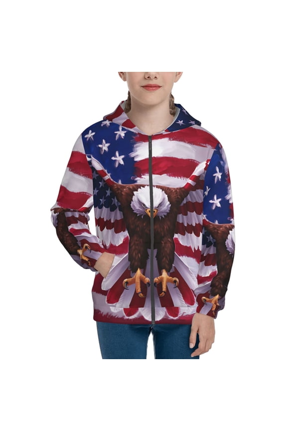 USA Eagle with Spread Wings for Boys Fashion Full-zip Hoodies & Sweatshirts with Kangaroo Pocket,Zip-up Hooded Sweatshirt for Kid, Moisture Wicking & Breathable-Medium