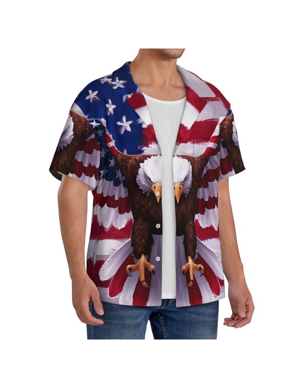 USA Eagle with Spread Wings Men's Linen Shirts Short Sleeve Cuban Beach Shirts Casual Shirts Button Down Shirt for Men Beach Summer Wedding Shirt-3X-Large