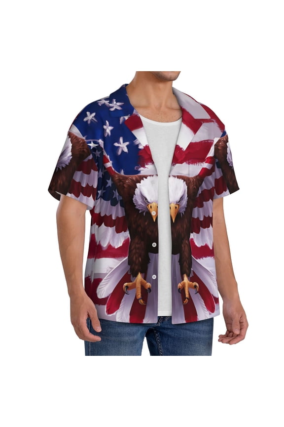USA Eagle with Spread Wings Men's Linen Shirts Short Sleeve Cuban Beach Shirts Casual Shirts Button Down Shirt for Men Beach Summer Wedding Shirt-Small