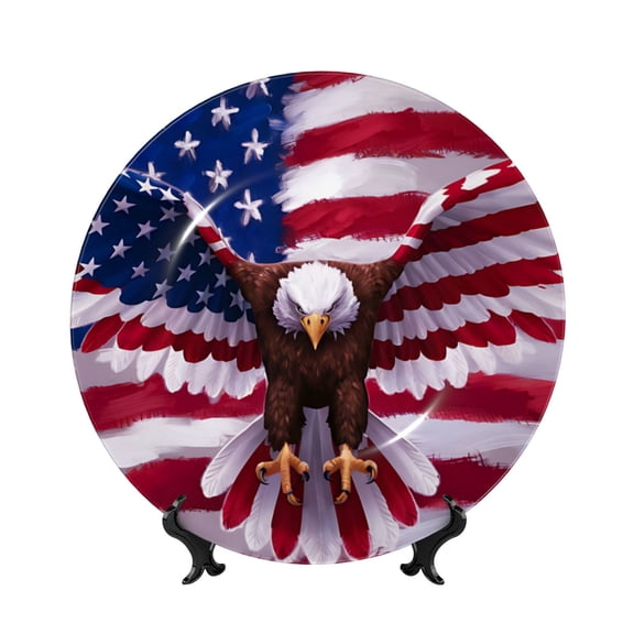 Picia USA Eagle with Spread Wings Pattern Bone China Decorative Plate – Wall Decor with Stand and Adhesive, Elegant Ornament for Living Room, Office, or Entryway-6in