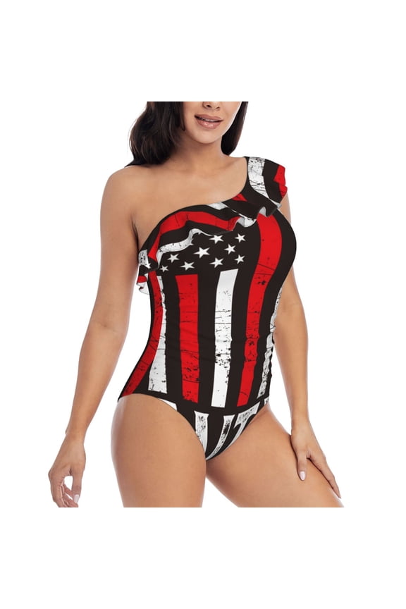 USA Flag Cross Pattern Women's One Piece Swimsuits,One Shoulder Swimwear Asymmetric ,Ruffle Monokinis Bathing Suits,High Waisted Flattering Bathing Suits-Medium