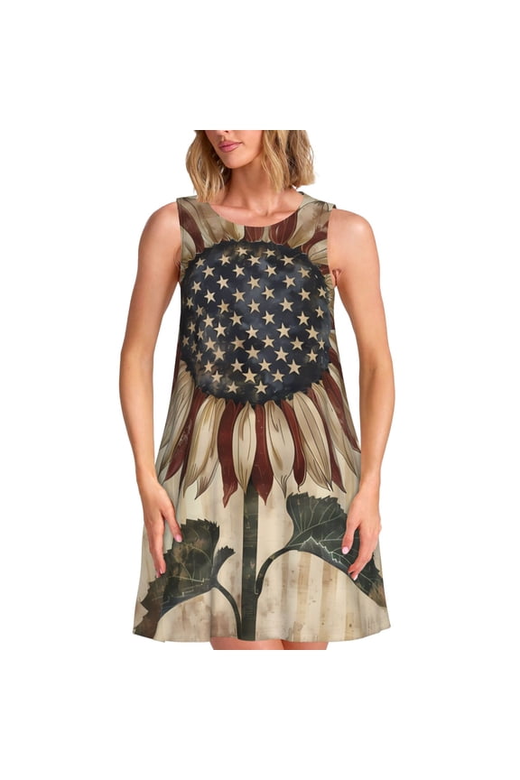 USA Sunflower Flag Print Women’s Sleeveless Midi Swing Dress – A-Line Pleated Tank Sundress, Comfortable and Flowy T-Shirt Dress