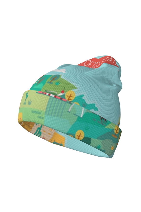 USA Tourist Map Pattern Knitted Beanie Hat for Men and Women , Unisex Winter Warm Stretchy Knit Cap Thick Fisherman Beanies Cuffed Plain Skull Caps