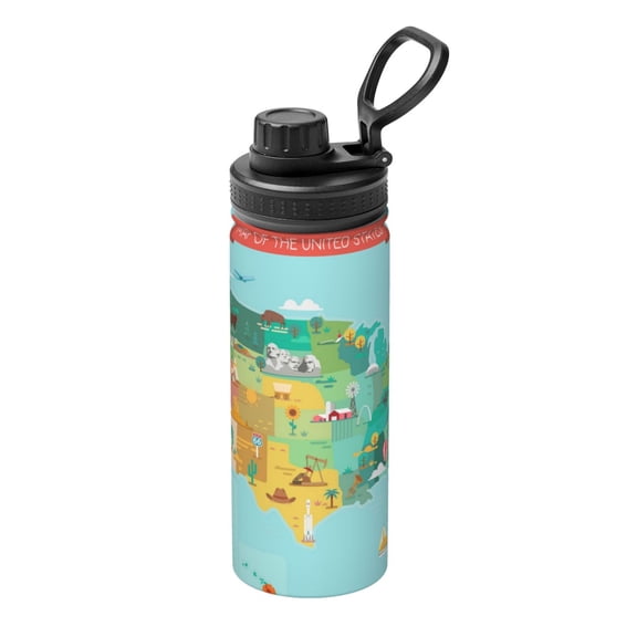 Picia USA Tourist Map Pattern Water Bottle 18 oz Stainless Steel Insulated Bottles With Handle Leak Proof Gym Sport Water Jug BPA-free insulated kettle For Men Women Adults