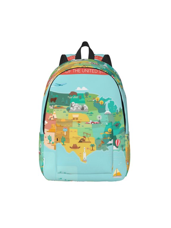 USA Tourist Map Printed Canvas Daypack - Stylish and Durable Vintage Compact Backpack - Class, Work, Travel, or Laptop Bookbag,Organized Compartments-Medium