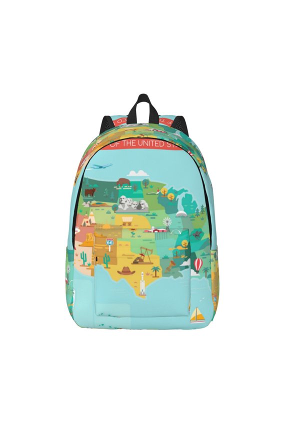 USA Tourist Map Printed Canvas Daypack - Stylish and Durable Vintage Compact Backpack - Class, Work, Travel, or Laptop Bookbag,Organized Compartments-Medium