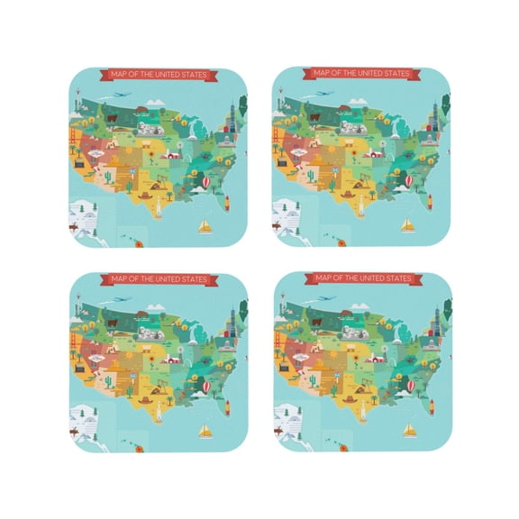 Picia USA Tourist Map Printed Leather Coasters for Drinks, 4" Drink Coasters Set of 4 for Tabletop Protection, Handmade Luxurious Home Décor and Housewarming Gift -Square