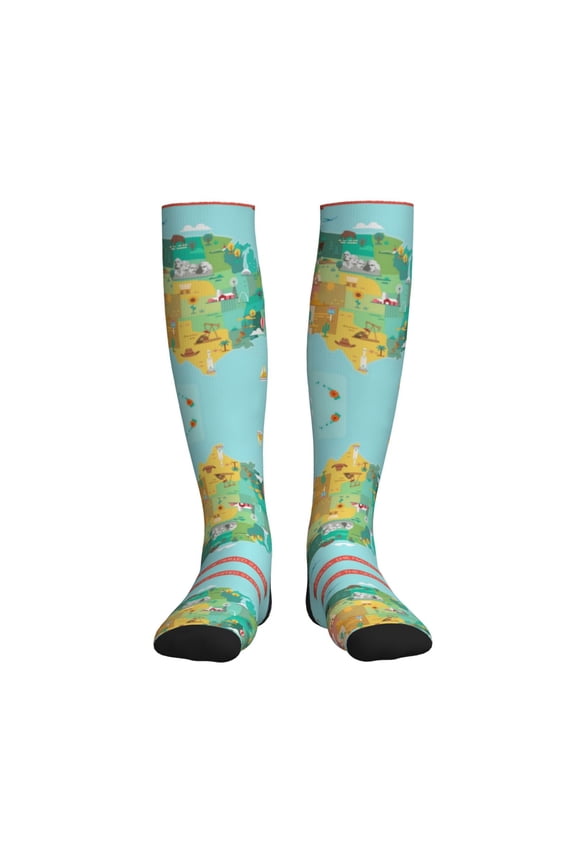 USA Tourist Map Printed Sports Compression Socks - 15-20mmHg Graduated Compression, High-Performance Soft and Breathable Socks for Men and Women