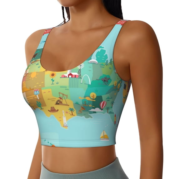 Picia USA Tourist Map Sports Bra for Women,Padded Strappy Sports Bras Medium Support Yoga Bra with Removable Cups,Running Yoga Bra-X-Large