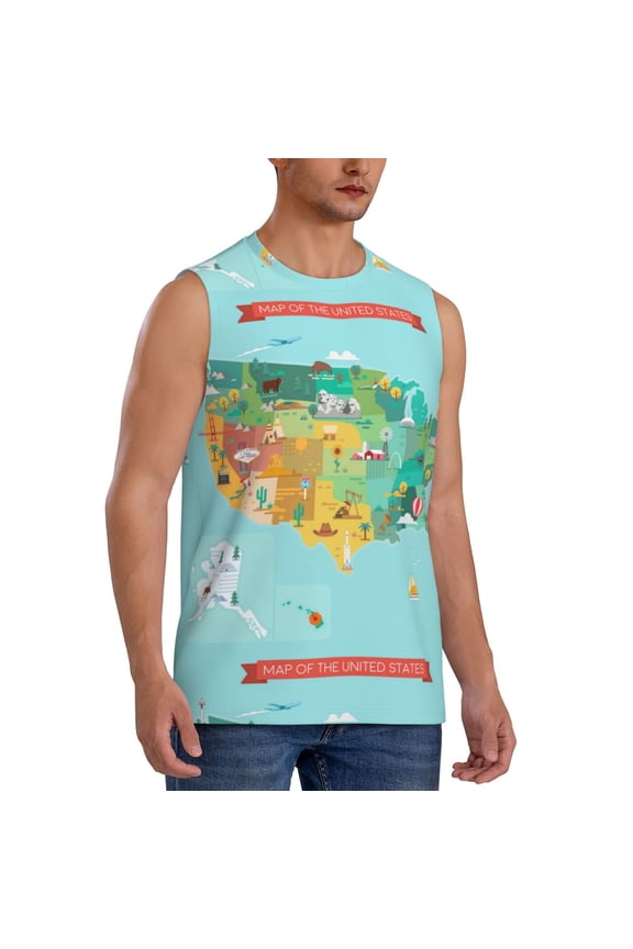 USA Tourist Map mens Cotton Tank Undershirts , Moisture-wicking Ribbed Tanks, Lightweight Cotton Tank Undershirts-