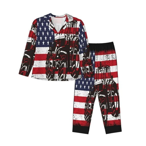 Picia USA Vintage Flag Tractor Pattern Women’s Long-Sleeve Sleepwear Set - Soft 2-Piece Loungewear with Pockets, Comfy PJs for Relaxing Nights-X-Large
