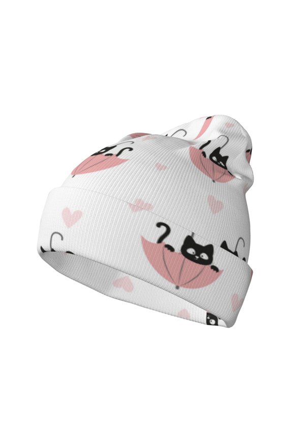 Umbrella Cat Pattern Knitted Beanie Hat for Men and Women , Unisex Winter Warm Stretchy Knit Cap Thick Fisherman Beanies Cuffed Plain Skull Caps
