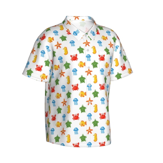 Picia Undersea Animals Gentle Cotton Regular Fit Short Sleeve Casual Hawaiian Shirt for Men-Large