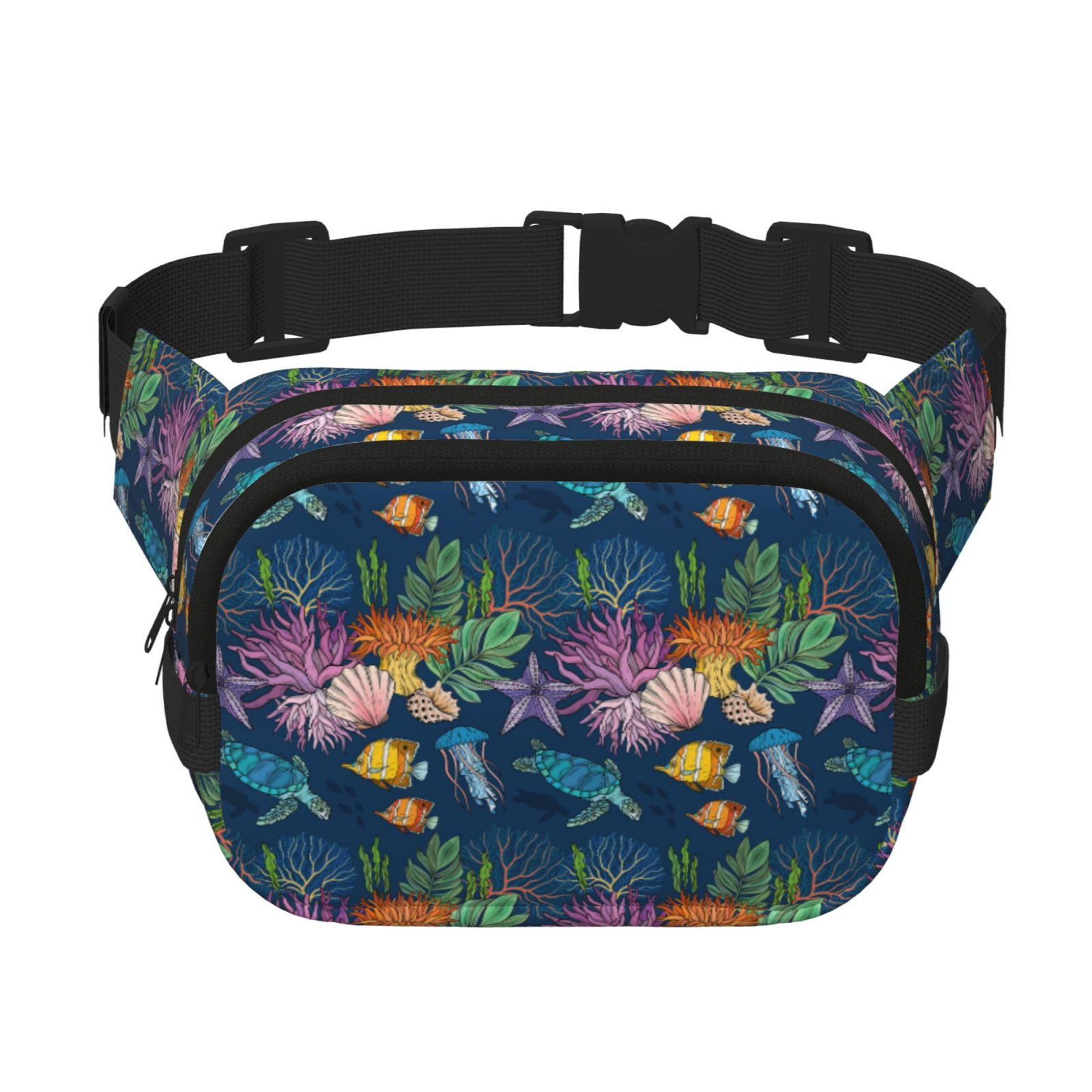 Picia Undersea Animals Print Square Double-Layer Waist Bag Mini Adjustable Waist Belt Bag Exercise Running Travel Hiking